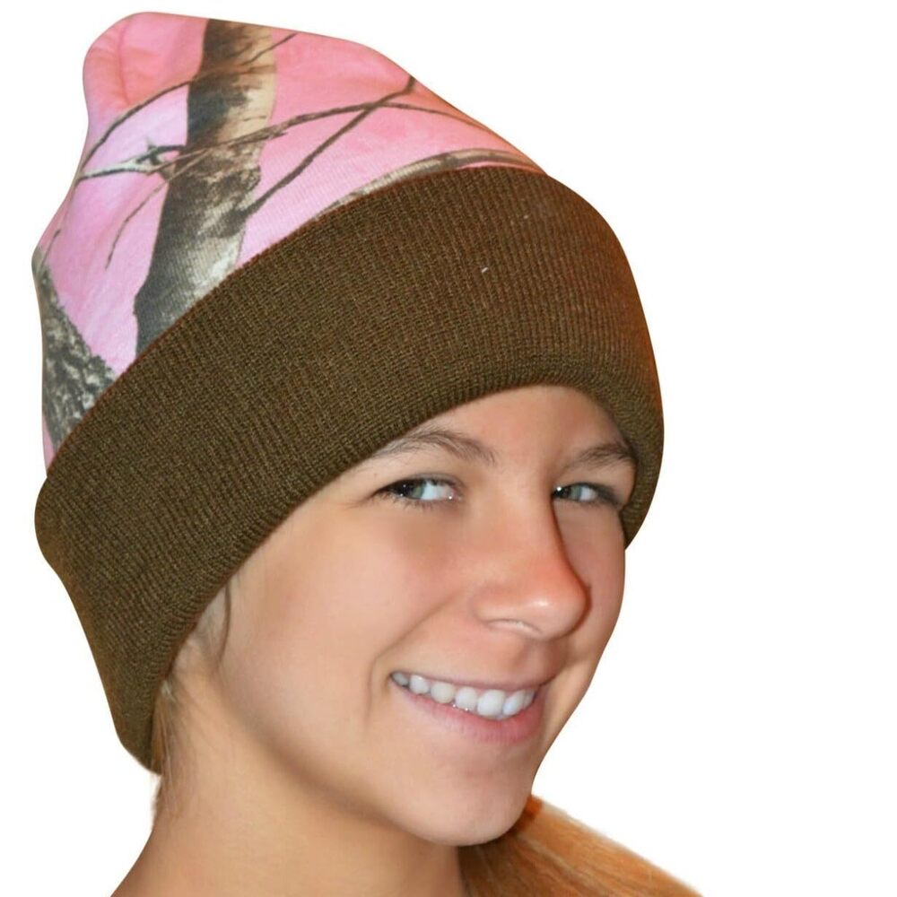 7728 Realtree Pink AP Camo Knit Hat Cap Beanie with Brown Cuff 12 Inch